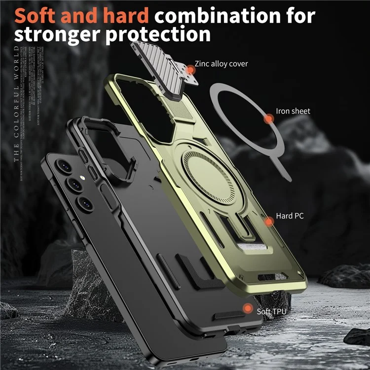 Custodia per Samsung Galaxy A16 4G / 5G compatibile con MagSafe Lens Lid Kickstand PC+TPU Back Cover - Verde oliva