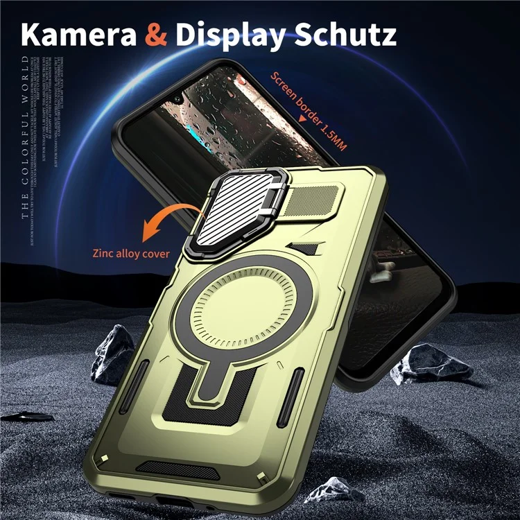 Custodia per Samsung Galaxy A16 4G / 5G compatibile con MagSafe Lens Lid Kickstand PC+TPU Back Cover - Verde oliva