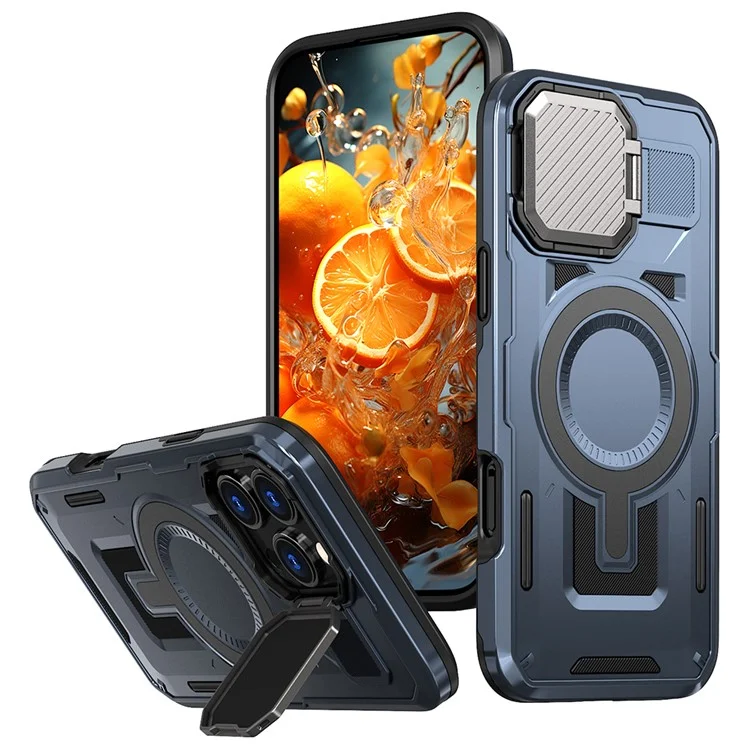 Coque pour iPhone 16 Pro Max compatible avec MagSafe, couvercle de l'objectif, support de maintien, boîtier arrière en PC+TPU - Bleu
