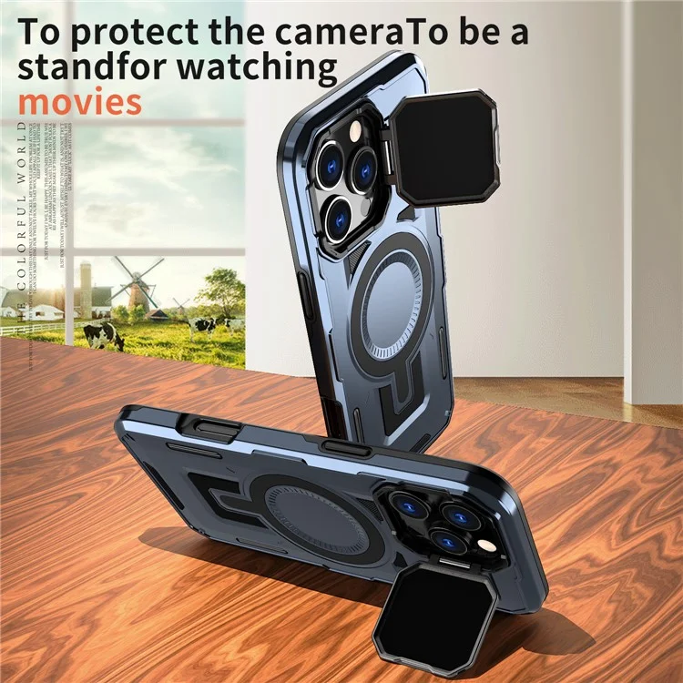 Coque pour iPhone 16 Pro Max compatible avec MagSafe, couvercle de l'objectif, support de maintien, boîtier arrière en PC+TPU - Bleu