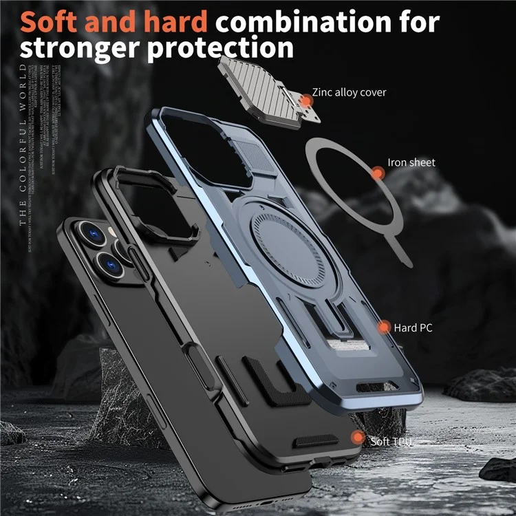 Coque pour iPhone 16 Pro Max compatible avec MagSafe, couvercle de l'objectif, support de maintien, boîtier arrière en PC+TPU - Bleu