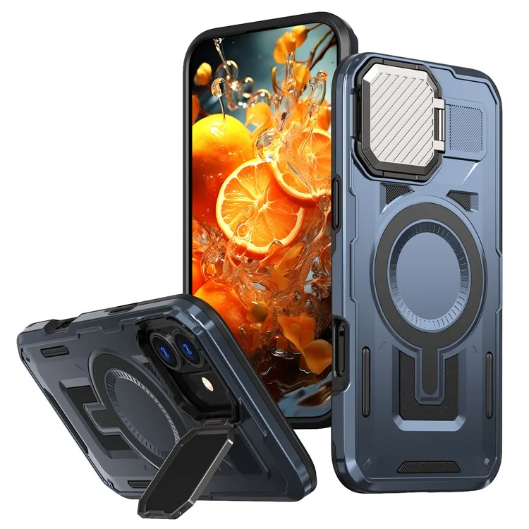 Coque pour iPhone 16 compatible avec MagSafe, couvercle d'objectif, support intégré, en PC+TPU - Bleu