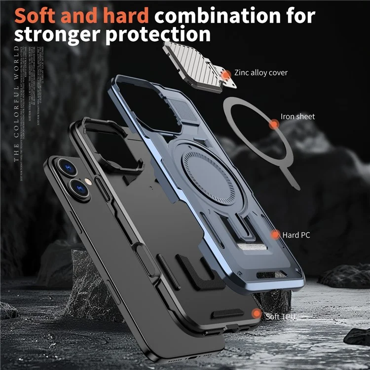 Capa para iPhone 16 Plus compatível com tampa de lente MagSafe, suporte e capa traseira de PC+TPU - Azul
