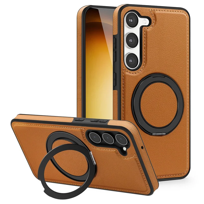 For Samsung Galaxy S23+ Case with Ring Kickstand Magnetic Case PU Leather Back Cover - Brown