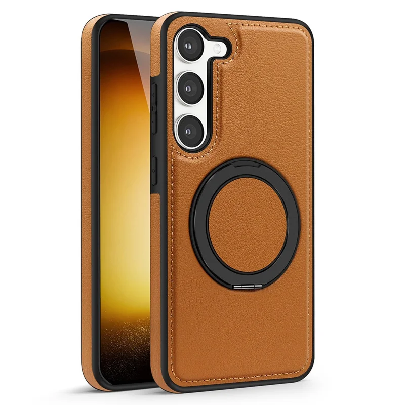 For Samsung Galaxy S23+ Case with Ring Kickstand Magnetic Case PU Leather Back Cover - Brown