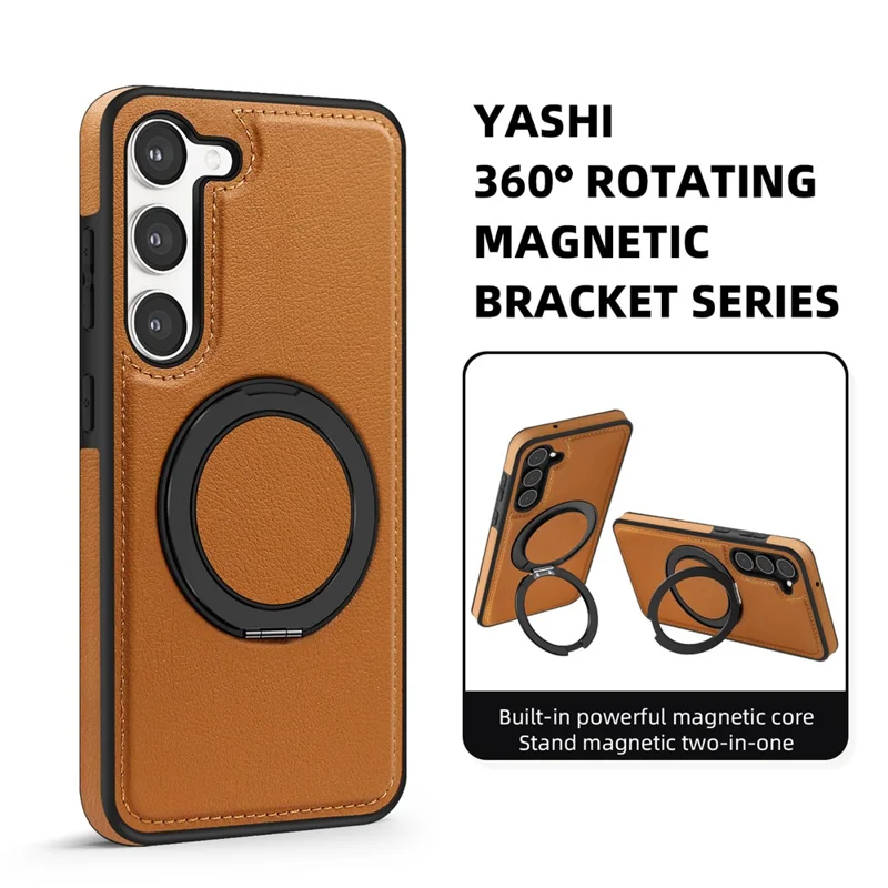 For Samsung Galaxy S23+ Case with Ring Kickstand Magnetic Case PU Leather Back Cover - Brown