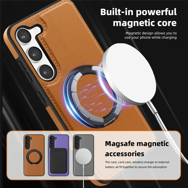 For Samsung Galaxy S23+ Case with Ring Kickstand Magnetic Case PU Leather Back Cover - Brown