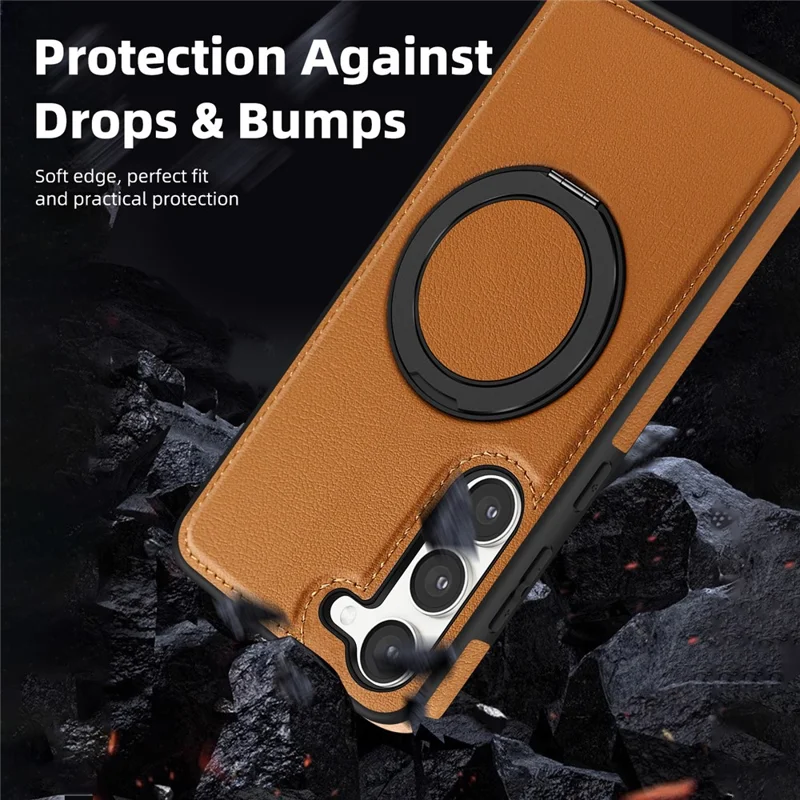 For Samsung Galaxy S23+ Case with Ring Kickstand Magnetic Case PU Leather Back Cover - Brown