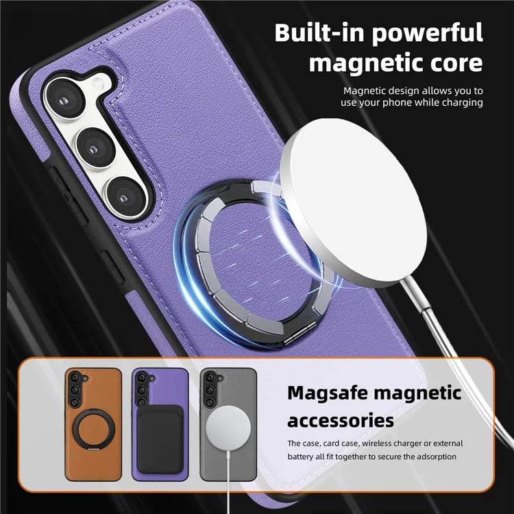 Capa magnética giratória com suporte para Samsung Galaxy S23, em couro PU + PC + TPU - Roxo
