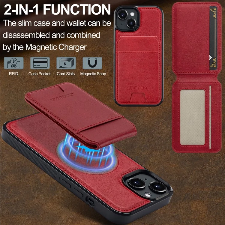 LC.IMEEKE L3 Para iPhone 14 Capa Magnética Removível com Porta-Cartões de Couro+TPU - Vermelho