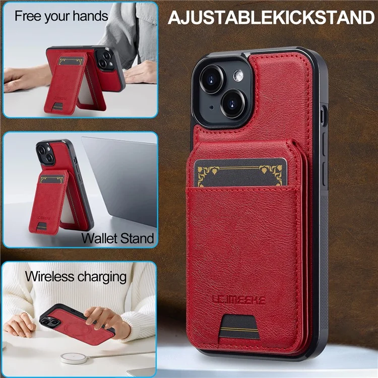 LC.IMEEKE L3 Para iPhone 14 Capa Magnética Removível com Porta-Cartões de Couro+TPU - Vermelho
