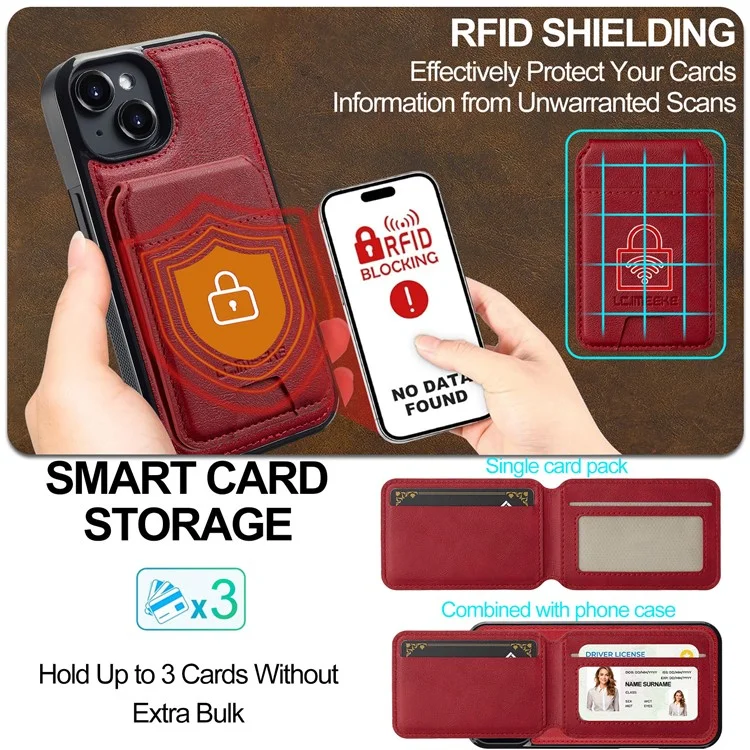 LC.IMEEKE L3 Para iPhone 14 Capa Magnética Removível com Porta-Cartões de Couro+TPU - Vermelho