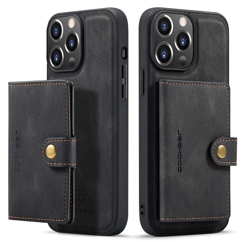 JEEHOOD For iPhone 14 Pro Retro Shockproof Case Detachable 2-in-1 Wallet Phone Case Leather Coated Kickstand TPU Cover - Black