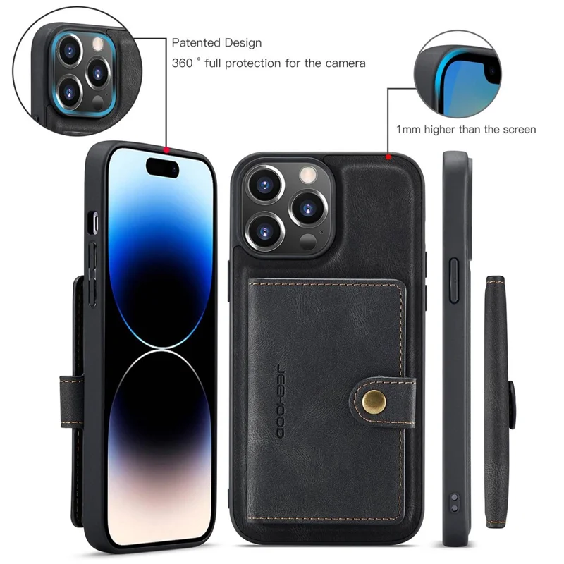 JEEHOOD For iPhone 14 Pro Retro Shockproof Case Detachable 2-in-1 Wallet Phone Case Leather Coated Kickstand TPU Cover - Black
