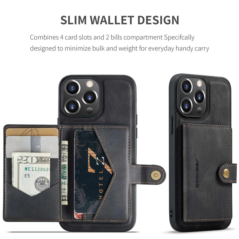 JEEHOOD For iPhone 14 Pro Retro Shockproof Case Detachable 2-in-1 Wallet Phone Case Leather Coated Kickstand TPU Cover - Black