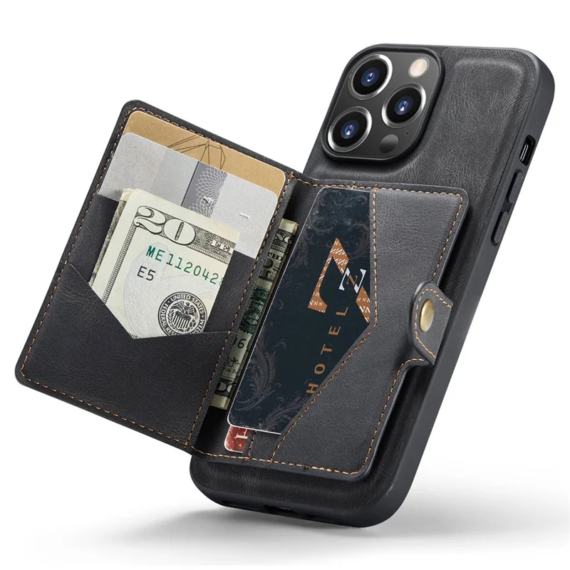 JEEHOOD For iPhone 14 Pro Retro Shockproof Case Detachable 2-in-1 Wallet Phone Case Leather Coated Kickstand TPU Cover - Black