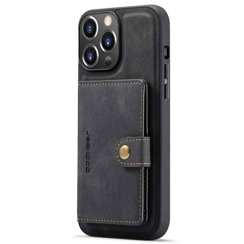 JEEHOOD For iPhone 14 Pro Retro Shockproof Case Detachable 2-in-1 Wallet Phone Case Leather Coated Kickstand TPU Cover - Black