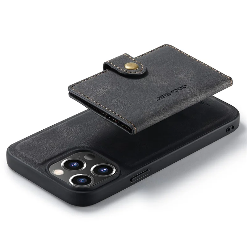 JEEHOOD For iPhone 14 Pro Retro Shockproof Case Detachable 2-in-1 Wallet Phone Case Leather Coated Kickstand TPU Cover - Black