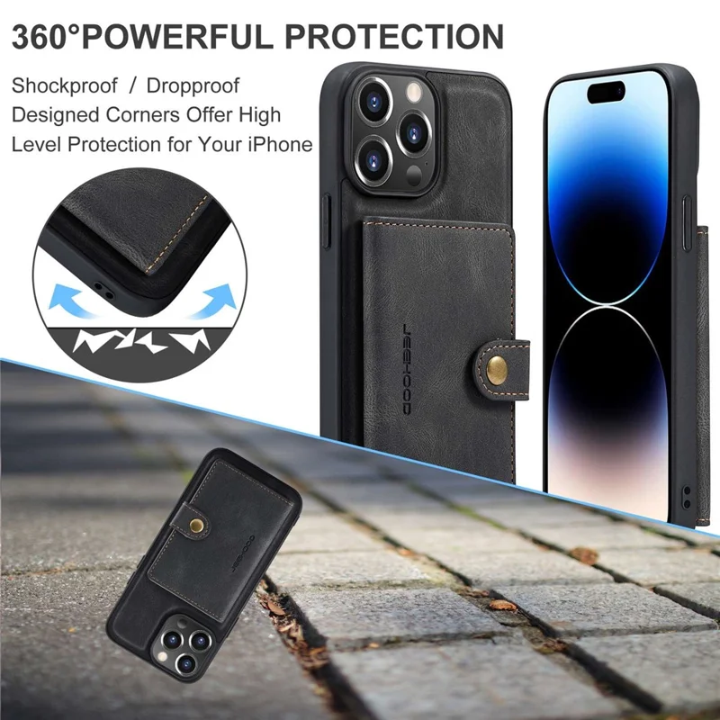 JEEHOOD For iPhone 14 Pro Retro Shockproof Case Detachable 2-in-1 Wallet Phone Case Leather Coated Kickstand TPU Cover - Black