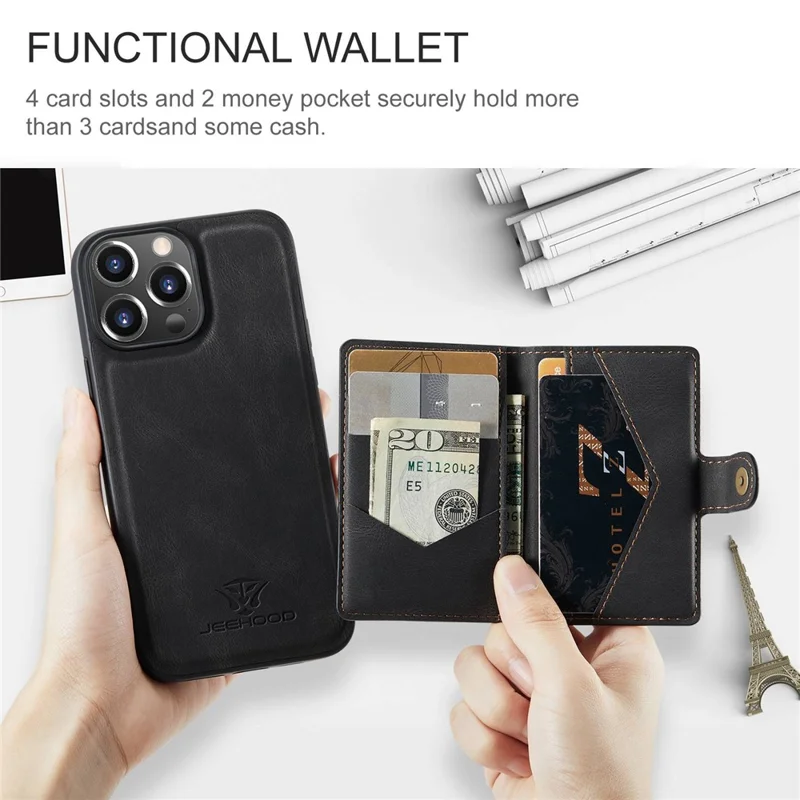 JEEHOOD For iPhone 14 Pro Retro Shockproof Case Detachable 2-in-1 Wallet Phone Case Leather Coated Kickstand TPU Cover - Black