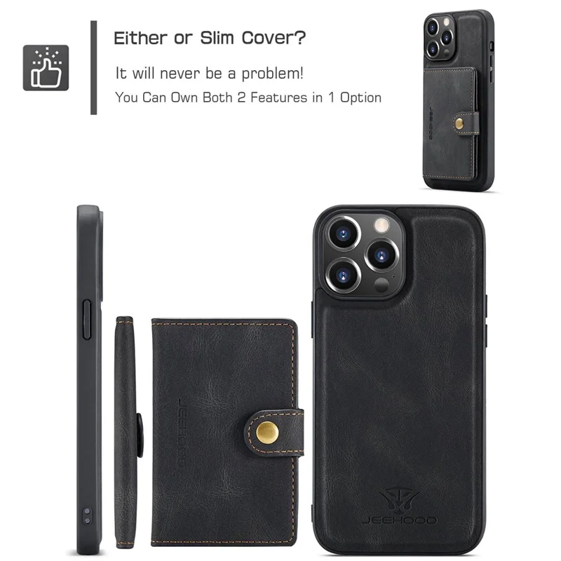 JEEHOOD For iPhone 14 Pro Retro Shockproof Case Detachable 2-in-1 Wallet Phone Case Leather Coated Kickstand TPU Cover - Black