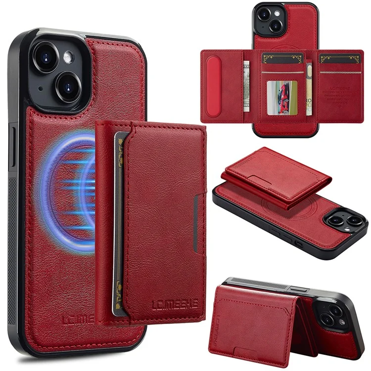 Coque magnétique en cuir pour iPhone 14 LC.IMEEKE L5 avec porte-cartes amovible - Rouge