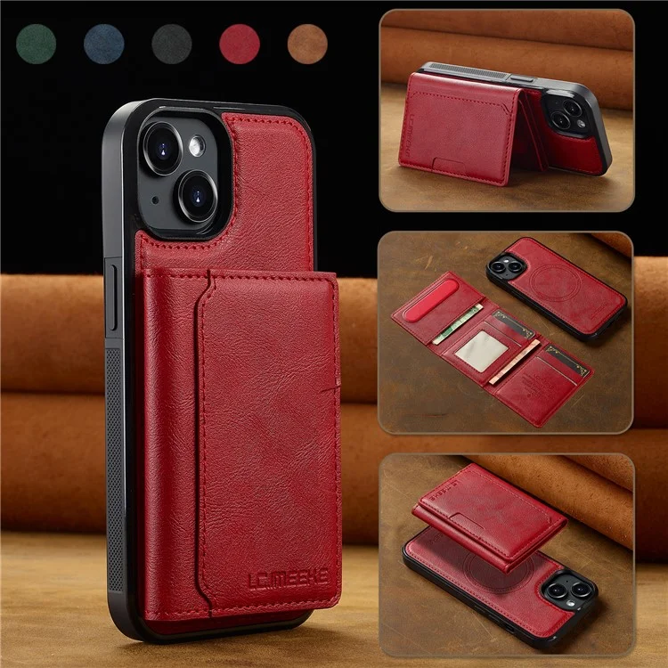 Coque magnétique en cuir pour iPhone 14 LC.IMEEKE L5 avec porte-cartes amovible - Rouge