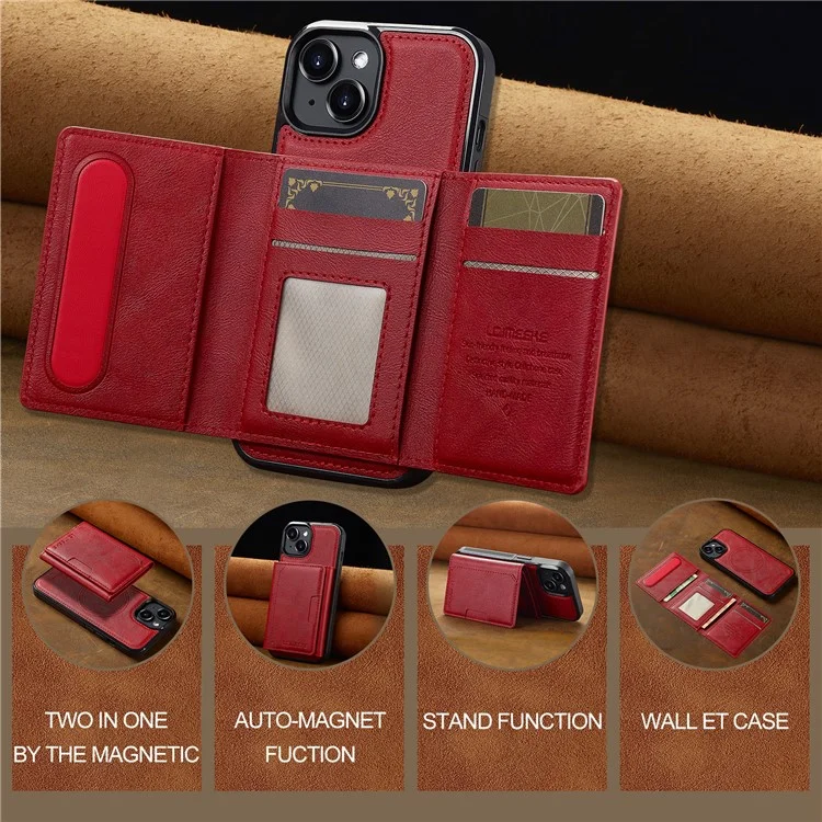 Coque magnétique en cuir pour iPhone 14 LC.IMEEKE L5 avec porte-cartes amovible - Rouge