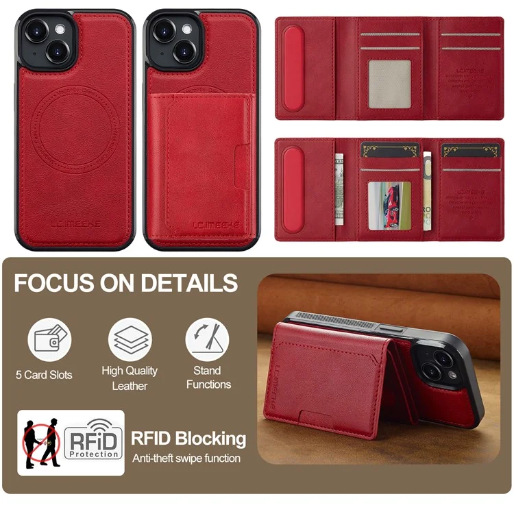 Coque magnétique en cuir pour iPhone 14 LC.IMEEKE L5 avec porte-cartes amovible - Rouge