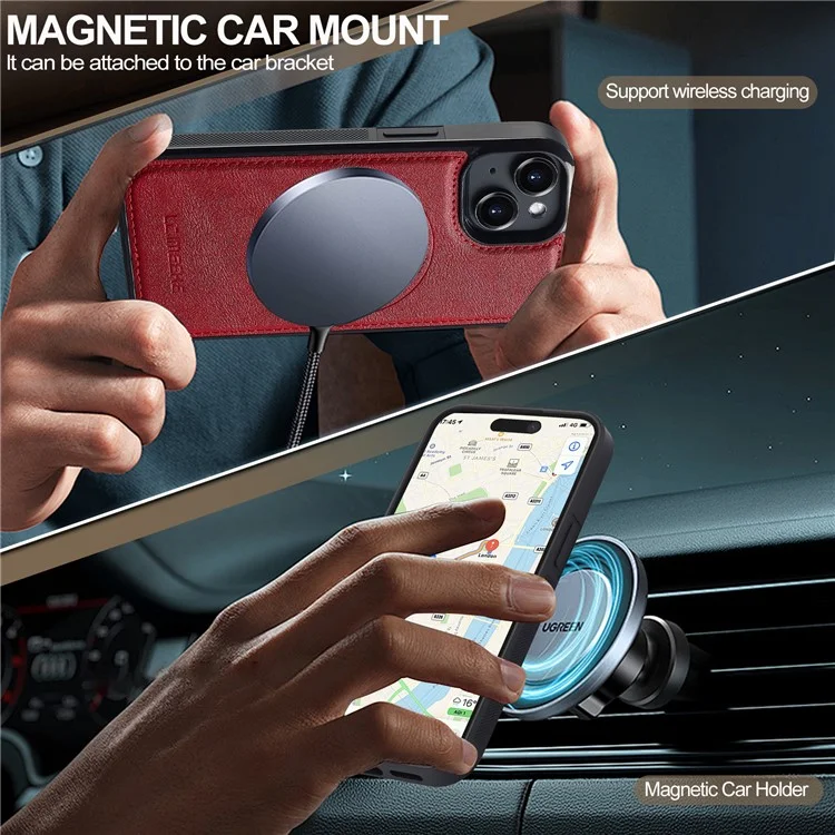 Coque magnétique en cuir pour iPhone 14 LC.IMEEKE L5 avec porte-cartes amovible - Rouge