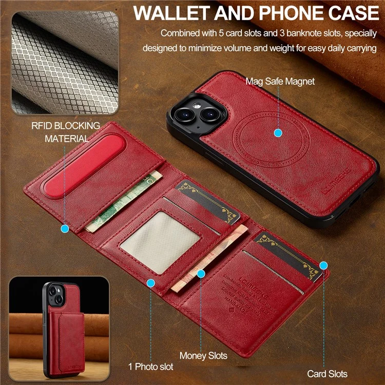 Coque magnétique en cuir pour iPhone 14 LC.IMEEKE L5 avec porte-cartes amovible - Rouge