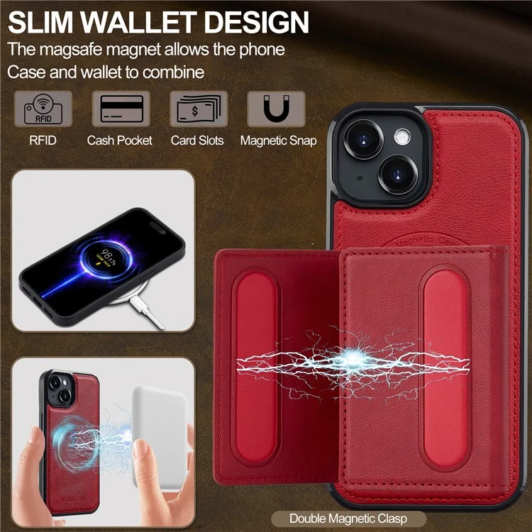 Coque magnétique en cuir pour iPhone 14 LC.IMEEKE L5 avec porte-cartes amovible - Rouge