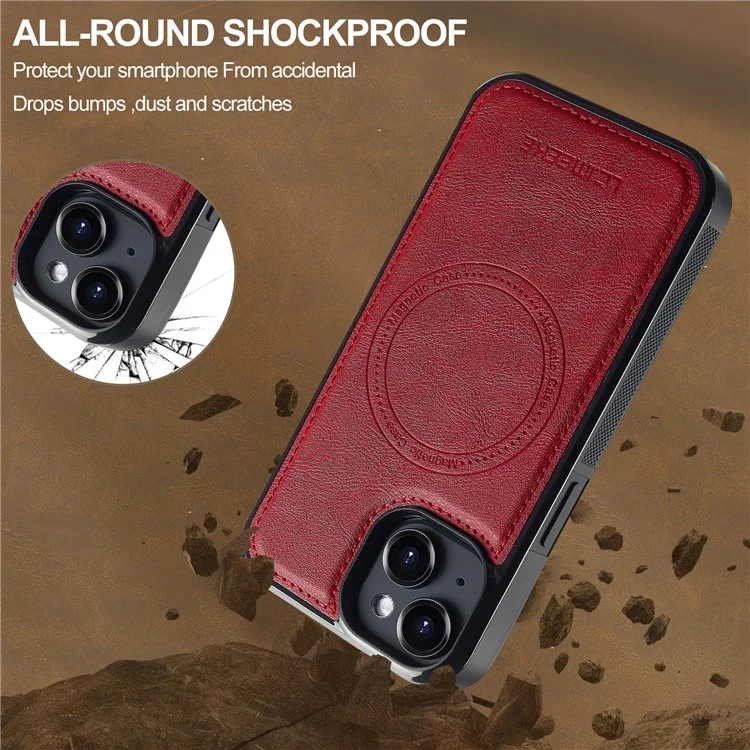 Étui magnétique LC.IMEEKE pour iPhone 14 compatible avec MagSafe, en cuir et TPU, coloris rouge.