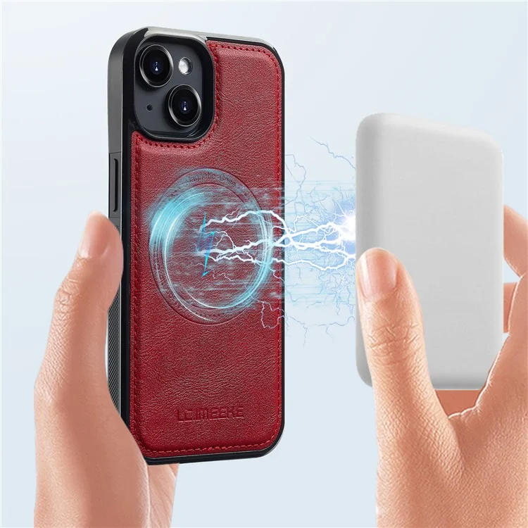 Étui magnétique LC.IMEEKE pour iPhone 14 compatible avec MagSafe, en cuir et TPU, coloris rouge.