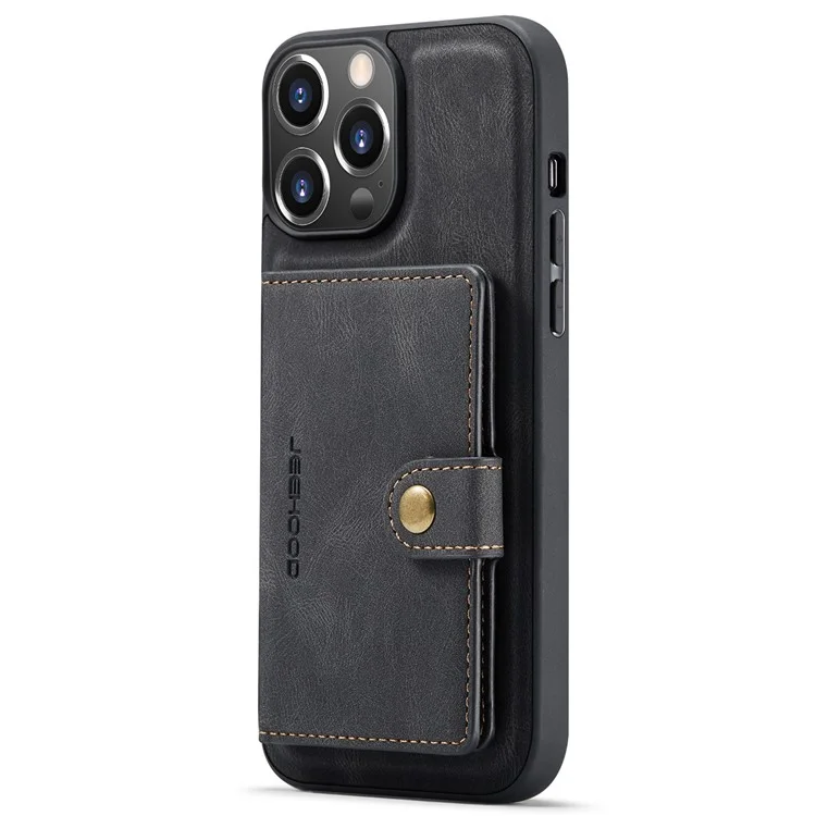 JEEHOOD For iPhone 14 Pro Max Retro Phone Case Leather Coated Shockproof TPU Cover with Detachable Wallet Kickstand - Black