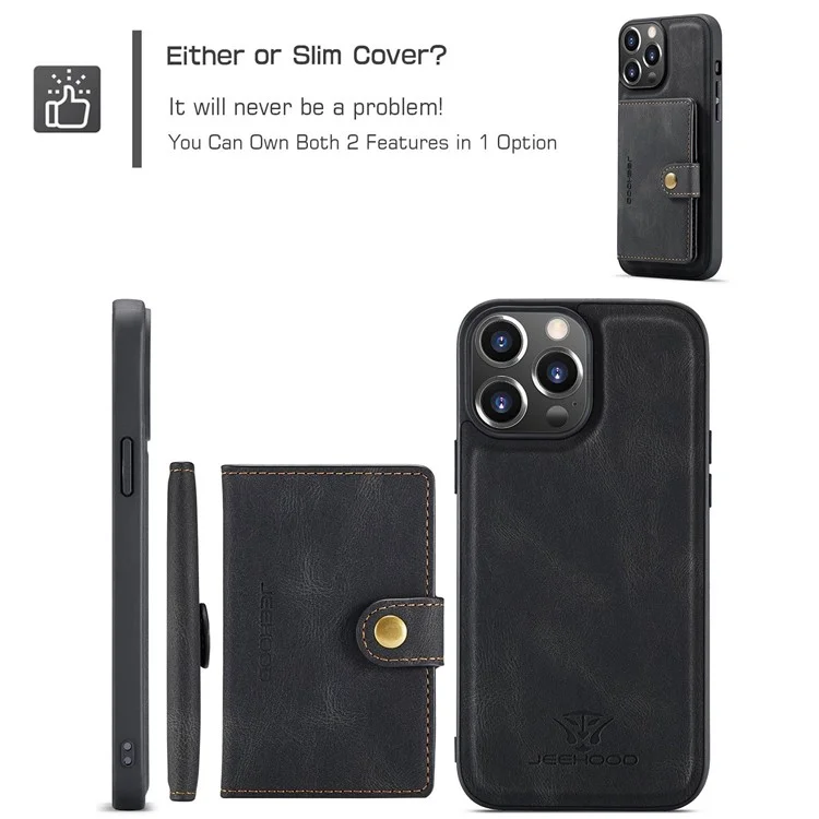 JEEHOOD For iPhone 14 Pro Max Retro Phone Case Leather Coated Shockproof TPU Cover with Detachable Wallet Kickstand - Black