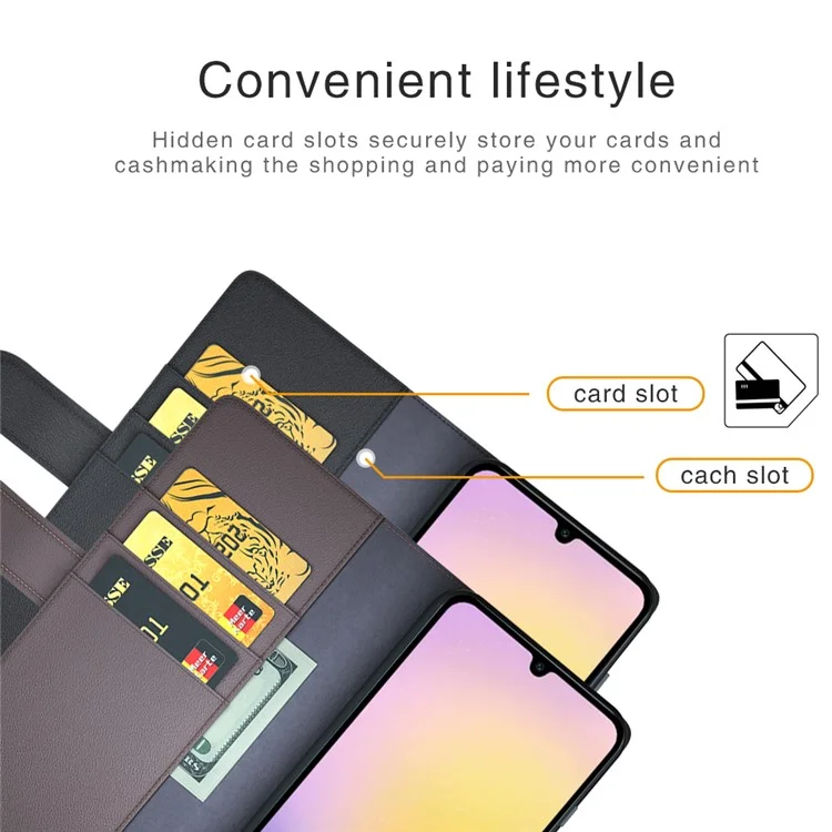 Capa para Samsung Galaxy A26 5G, em couro legítimo com divisão, tampa de carteira com espaço para cartão - Preta