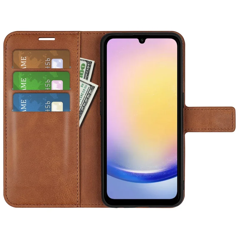 For Samsung Galaxy A26 5G Stand Case Anti-Scratch Calf Texture Leather Phone Cover - Light Brown