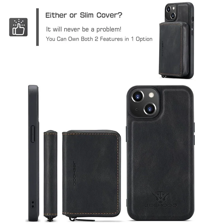 JEEHOOD Zippered Wallet Phone Case für iPhone 14 Stoßfest PU-Leder beschichtetes TPU-Cover mit Ständer, abnehmbares Handyhülle - Schwarz