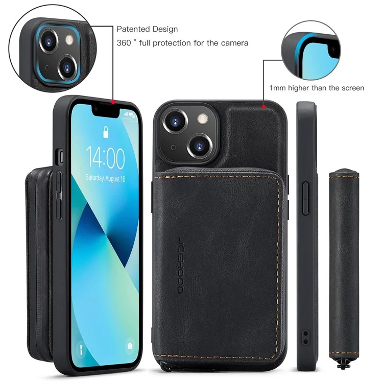 JEEHOOD Zippered Wallet Phone Case für iPhone 14 Stoßfest PU-Leder beschichtetes TPU-Cover mit Ständer, abnehmbares Handyhülle - Schwarz