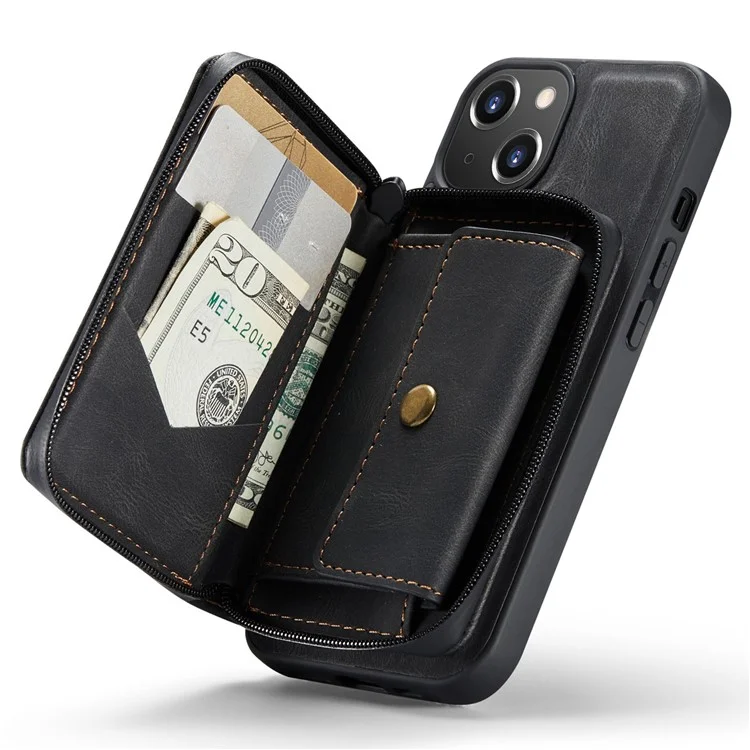 JEEHOOD Zippered Wallet Phone Case für iPhone 14 Stoßfest PU-Leder beschichtetes TPU-Cover mit Ständer, abnehmbares Handyhülle - Schwarz