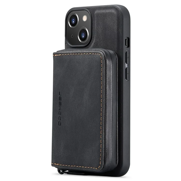 JEEHOOD Zippered Wallet Phone Case für iPhone 14 Stoßfest PU-Leder beschichtetes TPU-Cover mit Ständer, abnehmbares Handyhülle - Schwarz