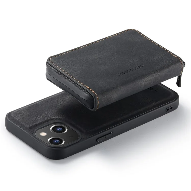 JEEHOOD Zippered Wallet Phone Case für iPhone 14 Stoßfest PU-Leder beschichtetes TPU-Cover mit Ständer, abnehmbares Handyhülle - Schwarz