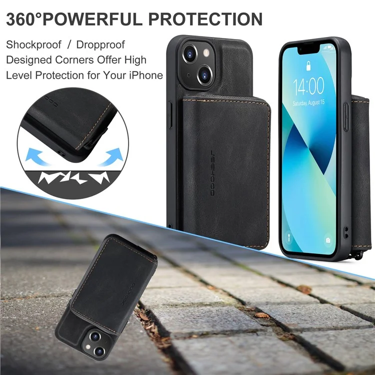 JEEHOOD Zippered Wallet Phone Case für iPhone 14 Stoßfest PU-Leder beschichtetes TPU-Cover mit Ständer, abnehmbares Handyhülle - Schwarz