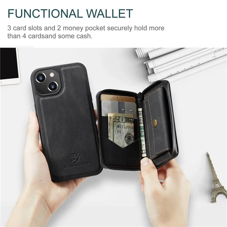 JEEHOOD Zippered Wallet Phone Case für iPhone 14 Stoßfest PU-Leder beschichtetes TPU-Cover mit Ständer, abnehmbares Handyhülle - Schwarz
