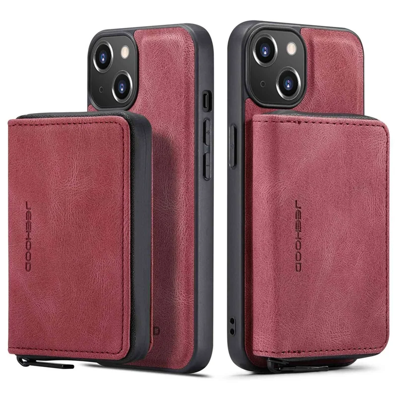 JEEHOOD Zippered Wallet Phone Case for iPhone 14 Shockproof PU Leather Coated TPU Cover Kickstand Detachable Phone Case - Red