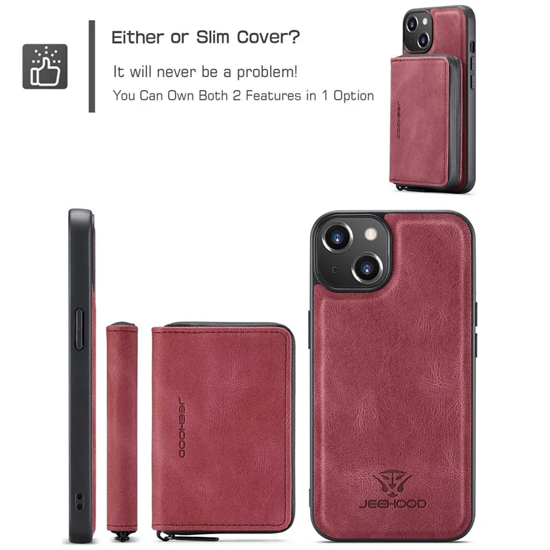 JEEHOOD Zippered Wallet Phone Case for iPhone 14 Shockproof PU Leather Coated TPU Cover Kickstand Detachable Phone Case - Red