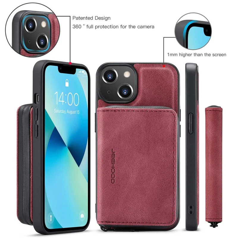 JEEHOOD Zippered Wallet Phone Case for iPhone 14 Shockproof PU Leather Coated TPU Cover Kickstand Detachable Phone Case - Red