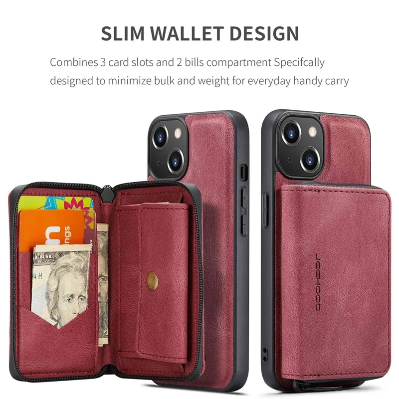 JEEHOOD Zippered Wallet Phone Case for iPhone 14 Shockproof PU Leather Coated TPU Cover Kickstand Detachable Phone Case - Red