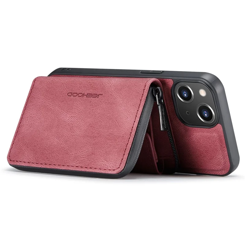 JEEHOOD Zippered Wallet Phone Case for iPhone 14 Shockproof PU Leather Coated TPU Cover Kickstand Detachable Phone Case - Red
